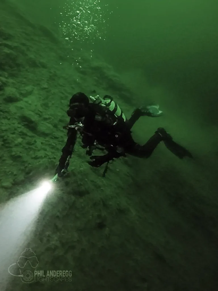 Diving student Luis on a deep dive at Lake Starnberg, Bavaria