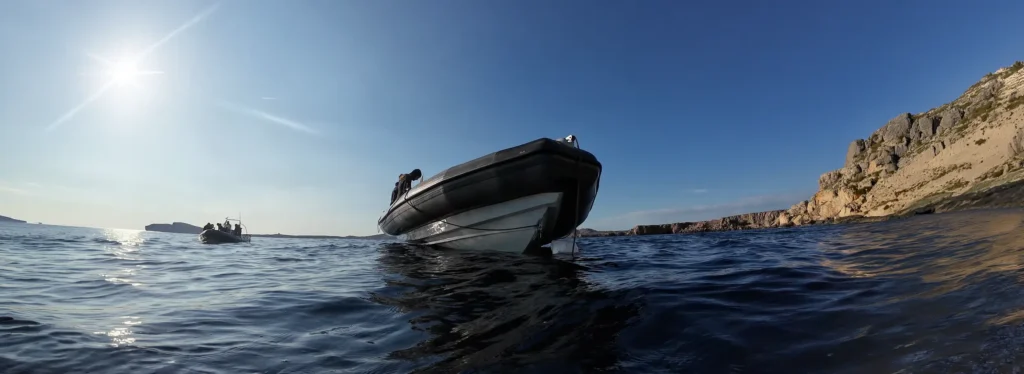 Dive Boats from Diving Menorca in a cove off the northern coast of Menorca, Spain