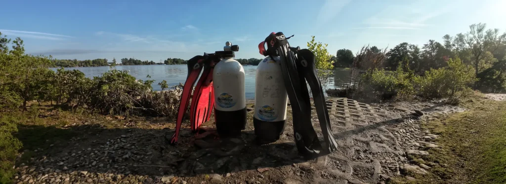Diving gear set up at Friedberger See, Bavaria, Germany