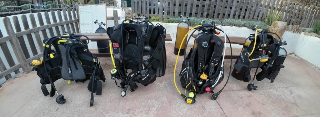 Diving Equipment ready for a dive in Playas de Fornells, Menorca, Spain